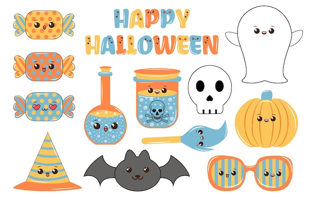 Set di caratteri di halloween in stile groovy. pacchetto di adesivi kawaii di halloween. set di adesivi kawaii in stile groovy