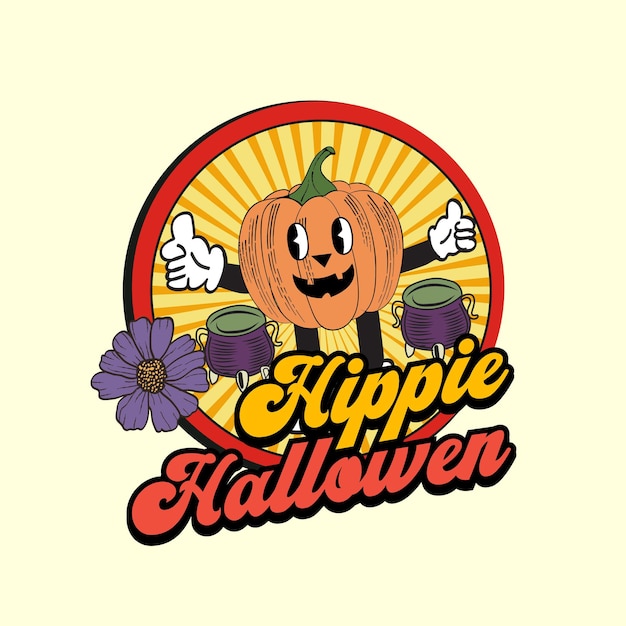 Premium Vector Hippie halloween retro halloween cute tshirt design with groovy style boo ghost pumpkin witch etc