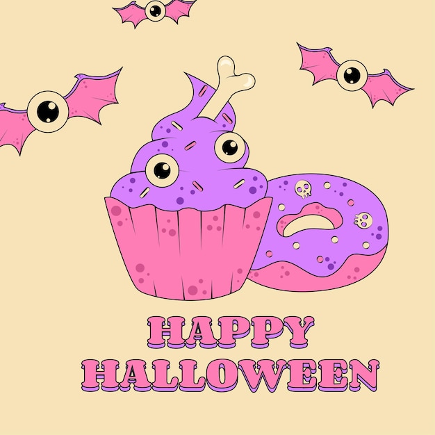 Groovy style poster happy halloween for halloween holiday flying eye with bat wings and cupcake with eyes and bones and skull donut candy