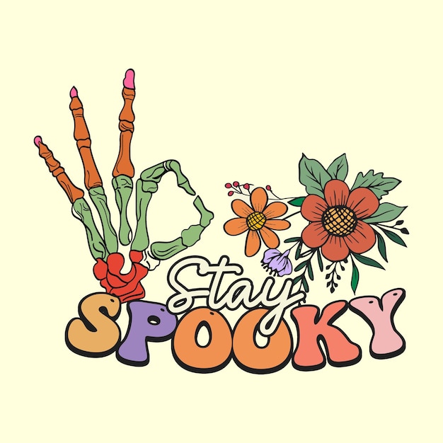 Stile groovy stay spooky retrò illustrazione della maglietta di halloween, design della maglietta vintage