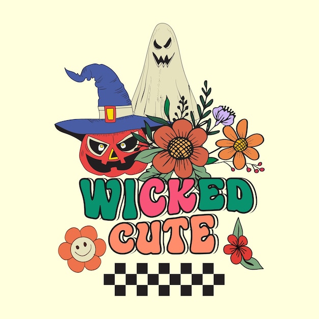 Заводной стиль Wicked Cute ретро хэллоуин футболка иллюстрация, винтажный дизайн футболки