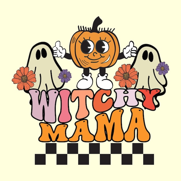 Vector groovy style witchy mama retro halloween t shirt illustration,vintage t shirt design