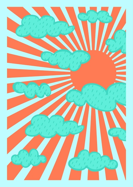 Vector groovy sun cloudy vertical poster abstract retro line art aesthetic 70s style trendy 1960s color sunrise groove background psychedelic vintage design wallpaper hippy banner vector illustration