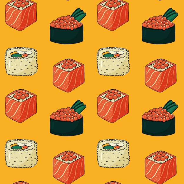 Groovy Sushi rolls seamless pattern in retro style Doodle print for wrapping paper textile fabric