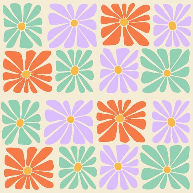 Vector groovy trippy daisy tiles seamless pattern square flowers patchwork 1970 retro hippie background