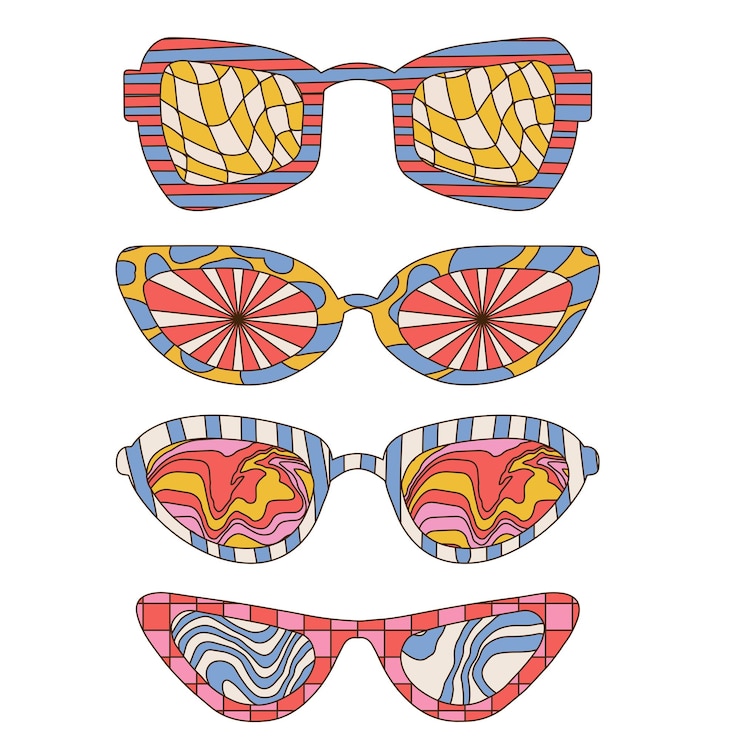 Vector groovy trippy psychedelic sunglasses collection retro s s graphic elements of glasses with abstract