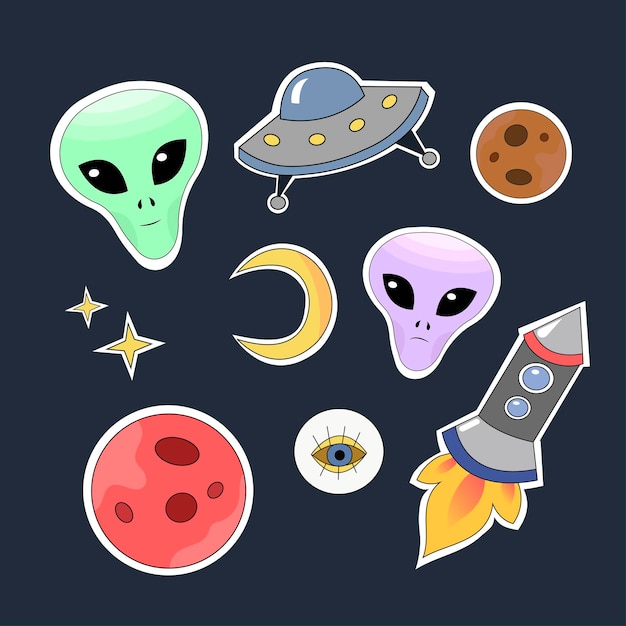 Vector groovy ufo-stickercollectie. set elementen in het thema van ruimte en aliens. vector illustratie