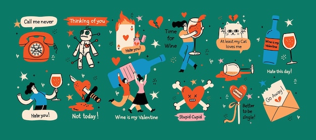 Groovy valentine s day greeting cards with funny quote and illustrations Anti Valentines day poster