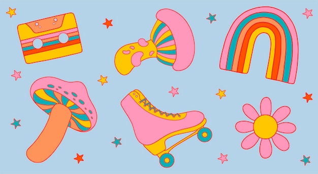 Groovy vector sticker pack with 1970 vibe. Cassette, rainbow, mushrooms, rollers, daisy, stars