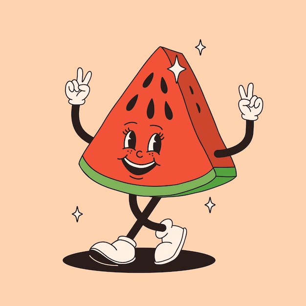 Vector groovy watermelon mascot funky retro character cartoon watermelon smiling walking funny