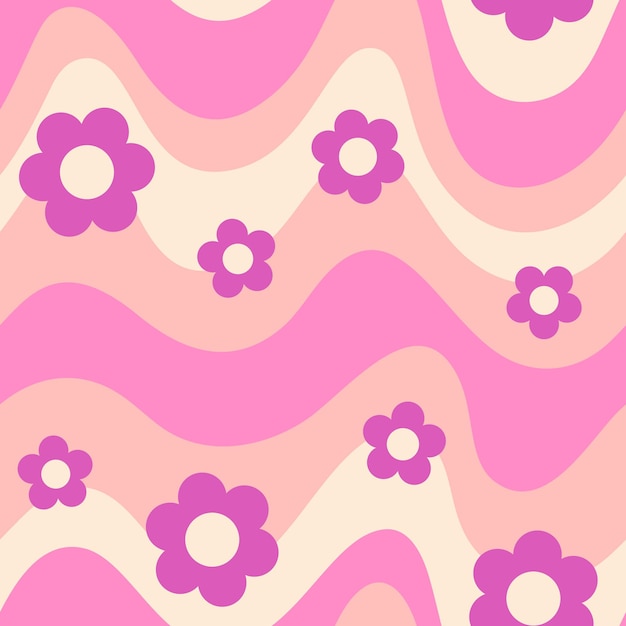 Vector groovy waves and daisy flowers seamless pattern psychedelic curved vector background in s hippie ret