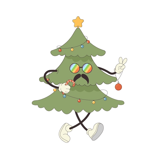 groovy xmas tree hippie character pacing New Years Vector illustration