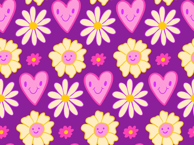 Groovy Y2K 90s seamless pattern vector background with Retro hippie trippy smiley flowers and hearts repeat texture wallpaper textile design print