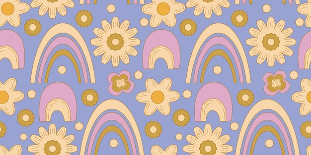 Groovy y2k retro seamless pattern with daisy flower rainbow retro vector illustration groovy flower background colorful hippie seamless pattern illustration