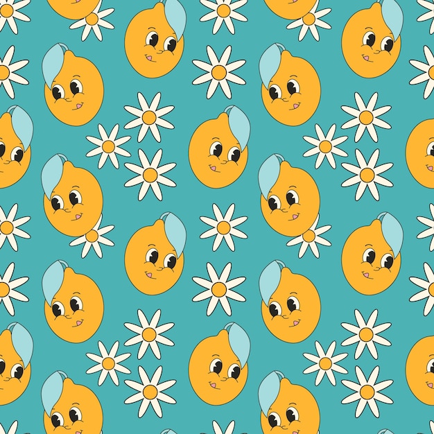 Groovy zomer naadloos patroon met citroenen fruit stripfiguur mascotte in retro stijl