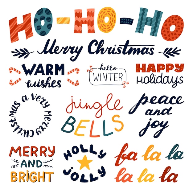 Grote belettering set voor merry christmas nieuwjaar wintervakantie handgeschreven geïsoleerde vector zinnen hohoho hulst vrolijk vrolijk en helder jingle bells warme wensen vrede advertentie vreugde hallo winter