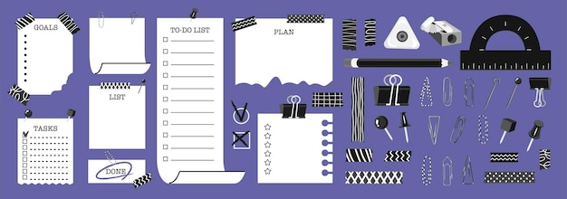 Grote briefpapier set en checklist collectie versierd met pinnen tape stukken clips opmerking papier met vinkjes en ruimte voor tekst dagelijkse en wekelijkse planners vector illustratie geïsoleerde elementen
