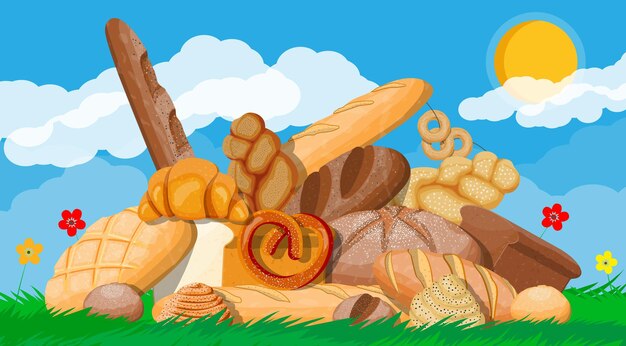 Grote brood pictogrammen instellen. natuur gras bloemen wolk en zon. volkoren, tarwe en roggebrood, toast, pretzel, ciabatta, croissant, bagel, frans stokbrood, kaneelbroodje. vectorillustratie in vlakke stijl