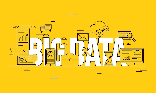 Grote data, machine alogorithms, analytics concept beveiliging en beveiligingsconcept. fintechnologie (financiële technologie) achtergrond. lineart illustratie op gele achtergrond.