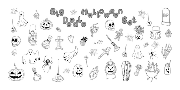 Grote doodle halloween collectie hand getrokken dingen schets geïsoleerde elementen voor halloween decoratie