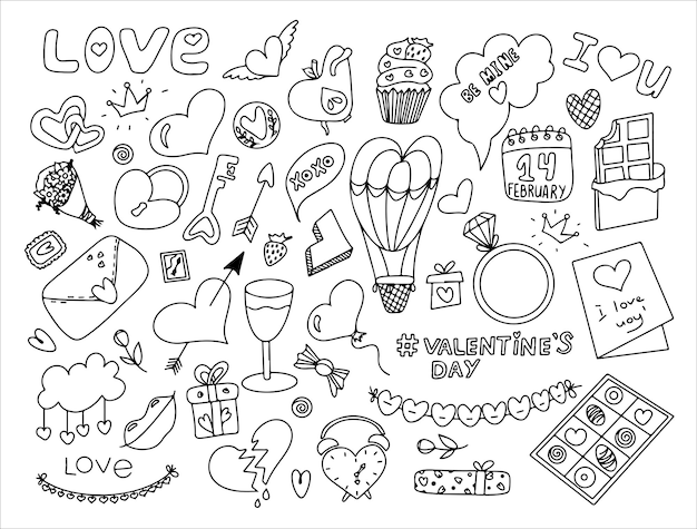 Grote doodle set pictogrammen voor valentijnsdag vectorillustratie voor de vakantie op februari hand d...