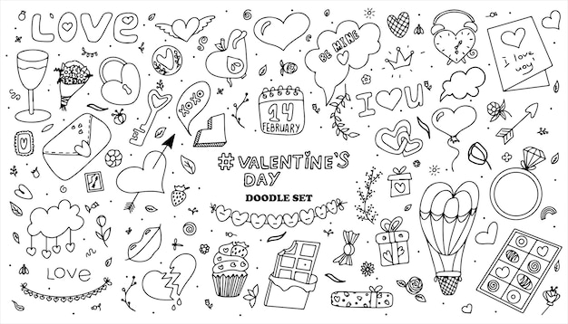 Grote doodle set pictogrammen voor valentijnsdag vectorillustratie voor de vakantie op februari hand d...