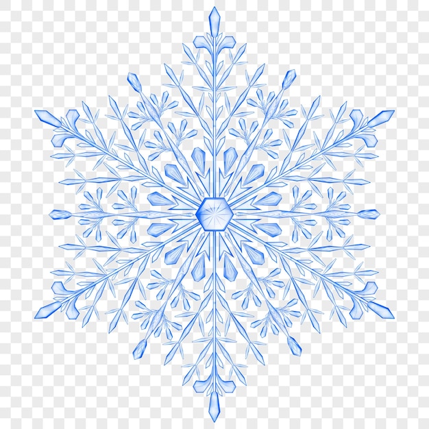Grote doorschijnende kerst sneeuwvlok in blauwe kleuren op transparante