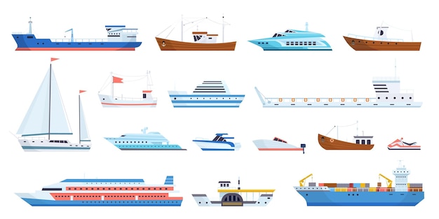 Grote en kleine zeeschepen Vissersboot cruise voering zeiljacht aak vervoeren scheepstypes oceaan transport tanker zeilboot stoomboot motorschip neoterische vectorillustratie