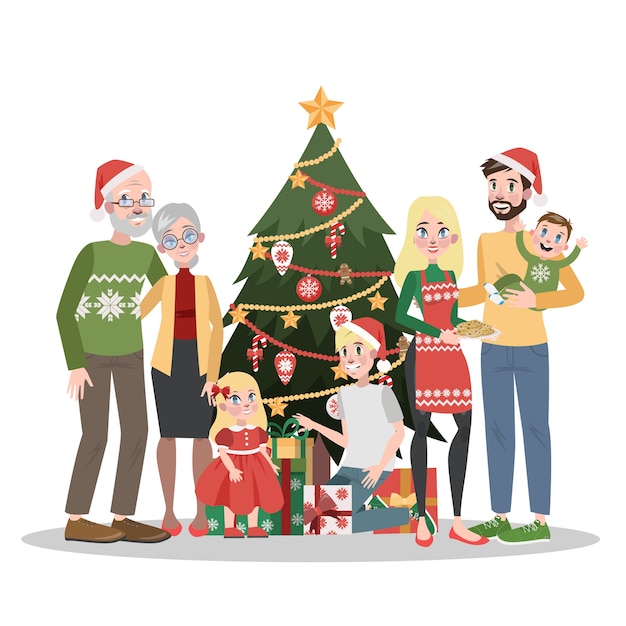 Vector grote familie die zich bij de kerstboom bevindt. traditionele vakantiedecoratie voor feest. gelukkige mensen thuis met geschenken. illustratie