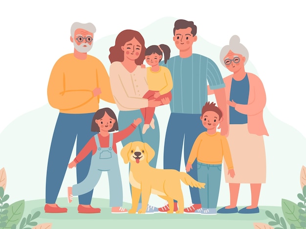 Grote familie. Gelukkige ouders, kinderen, oma en opa. Lachende vader, moeder, kinderen en hond. Drie generatie permanent samen vector portret. Illustratie familie oma en opa, meisje en jongen