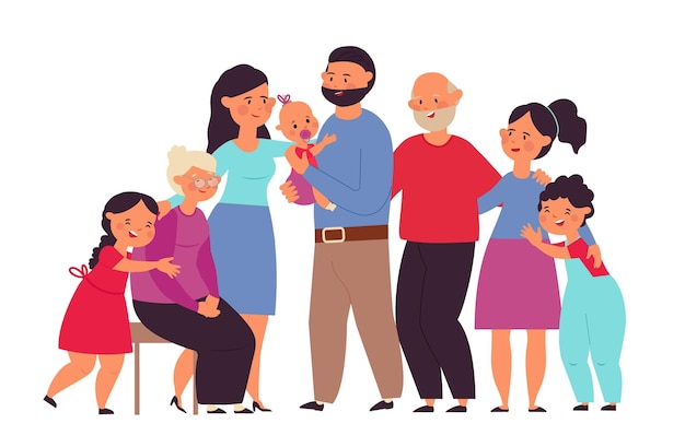 Grote familie samen Leuke mensen moeder opa grootmoeder met baby Platte staande groep cartoon grootouders en kinderen fatsoenlijke vector tekens