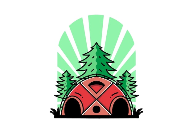 Vector grote familietent en pijnbomen illustratie badge ontwerp