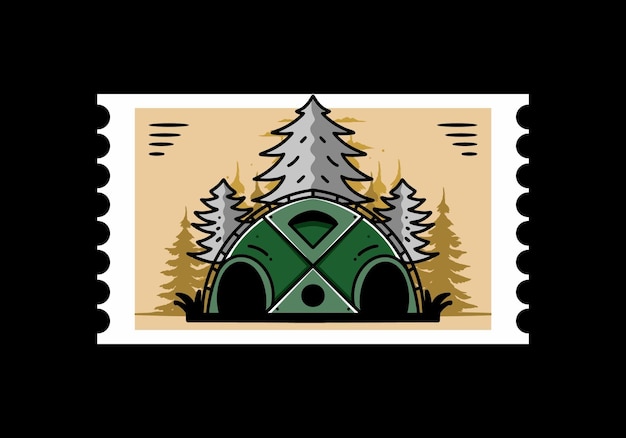 Grote familietent en pijnbomen illustratie badge ontwerp