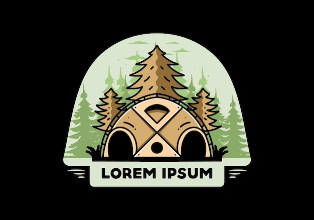 Grote familietent en pijnbomen illustratie badge ontwerp