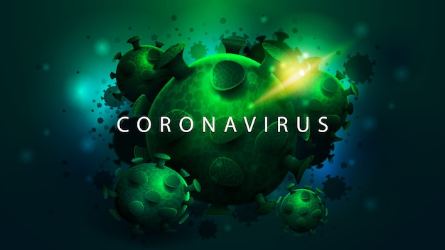 grote groene coronavirus moleculen op abstracte blauwe achtergrond