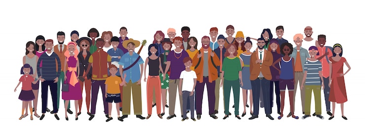 Vector grote groep mensen van verschillende nationaliteit, etniciteit en leeftijd die op wit wordt geïsoleerd