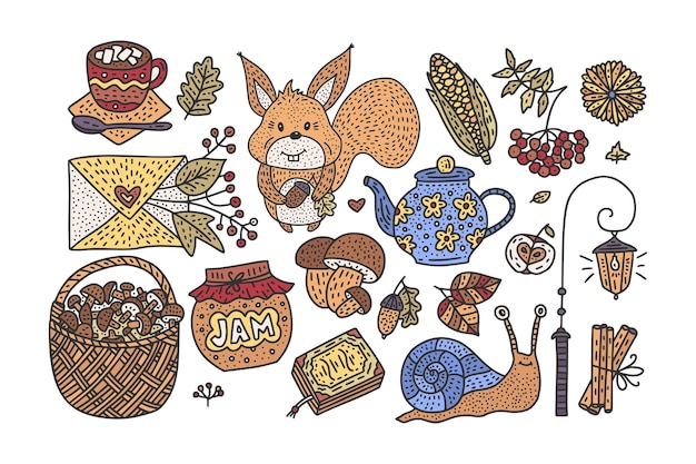 Grote herfst pictogrammenset Gezellige herfst handgetekende vectorillustratie