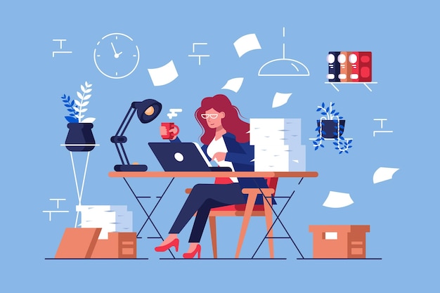 Vector grote hoeveelheid werk vectorillustratie drukke overwerkte vrouw zittend aan tafel met laptop en stapel papieren in platte kantoorstijl ontwerp workflow in volle gang