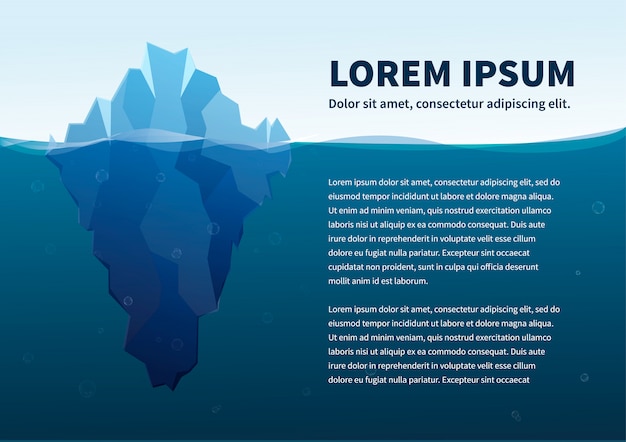Vector grote ijsberg in de zee, concept illustratie met tekst, a4-formaat sjabloon