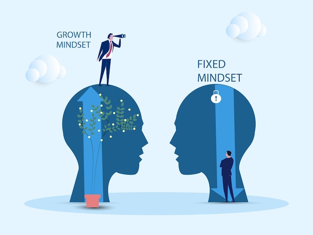 Grote kop mens denkt groei mindset verschillende vaste mindset concept vector illustratie