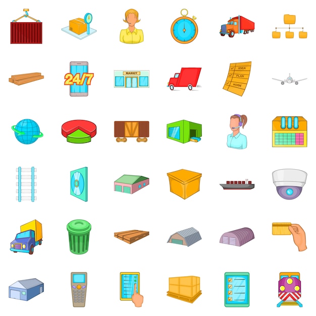 Grote magazijn iconen set, cartoon stijl