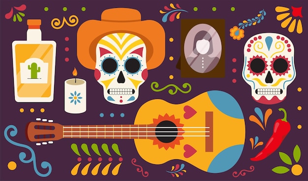 Grote Mexicaanse set voor Spaanse vakantiedag van de doden. Vectorillustratie met schedels in vlakke stijl