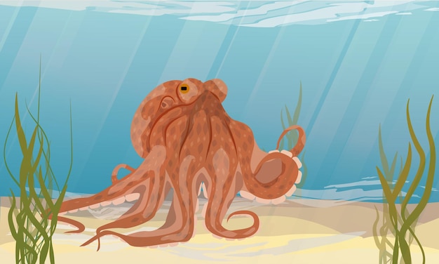 Grote octopus in de tropische zee bodem met zeewier aquarium realistisch vectorlandschap