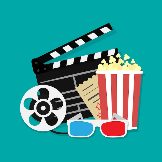 Grote open klepel bord film reel bioscoop icon set film en film elementen in plat ontwerp bioscoop en film tijd plat pictogrammen met film reel popcorn 3d bril filmklapper