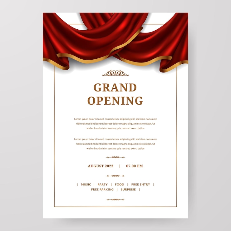 Vector grote openingsposter viering met rode stof satijn zijden lint draperie element decoratie