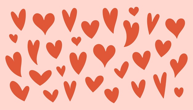 Grote reeks handgetekende rode harten op een roze achtergrond. Eenvoudige hartjes. Doodle-stijl. Vector
