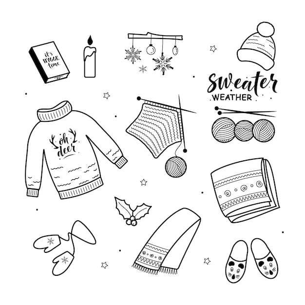 Vector grote reeks hygge en kerst breielementen sweater weather