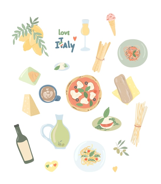 Grote reeks Italiaans eten Illustratie van traditionele Italiaanse gerechten en producten