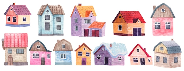 Grote reeks leuke decoratieve eenvoudige huizen, kinderillustratie in waterverf