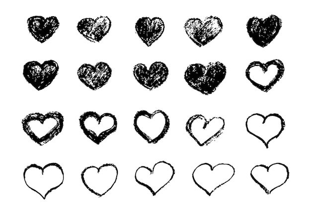 Grote reeks rode grungeharten ontwerpelementen voor valentijn is dag vectorillustratie hartvormen